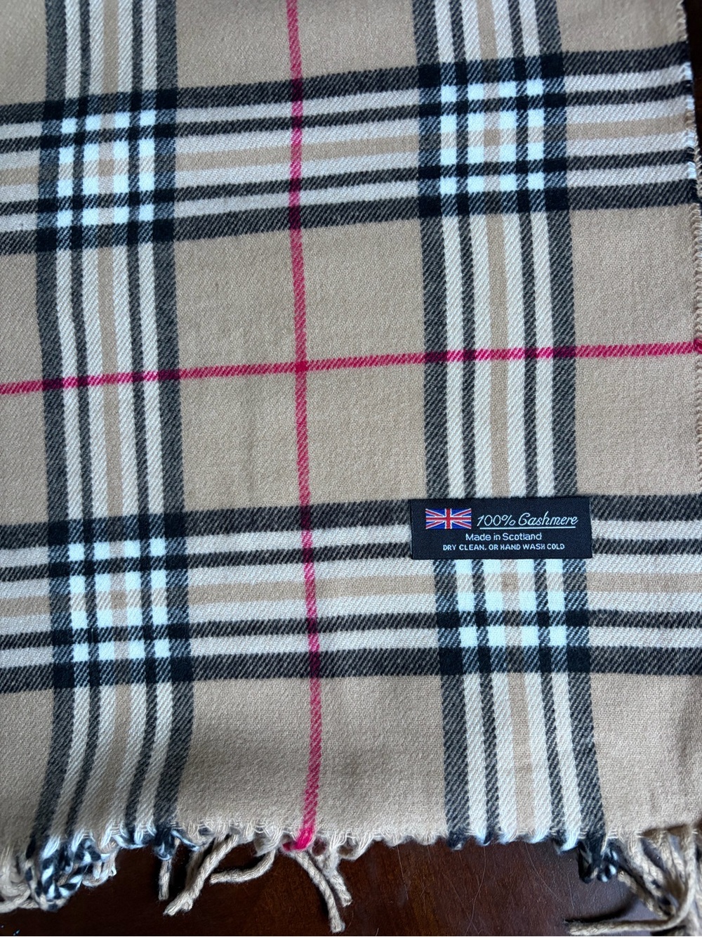 Beige Plaid Cashmere Scarf with Black & Red Check - Picture 2 of 4